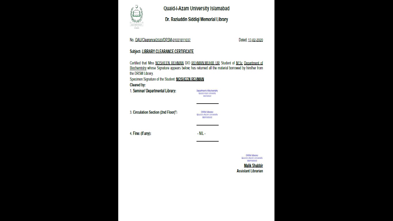 Clearance Certificate Page 1 – Library Clearance Certificate