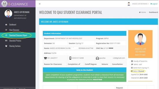 QAU Student Clearance Report Screen